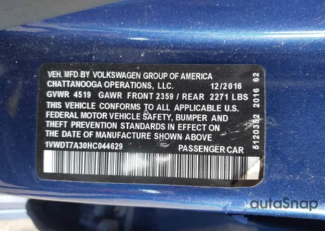 2017 Volkswagen Passat 1.8T R-Line from USA, damaged, VIN 1VWDT7A30HC044629